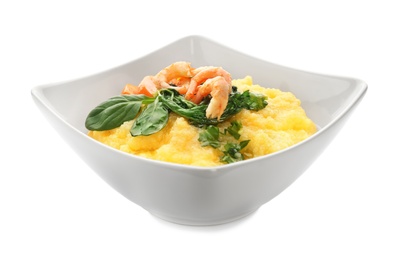 Photo of Plate with fresh tasty shrimp and grits on white background