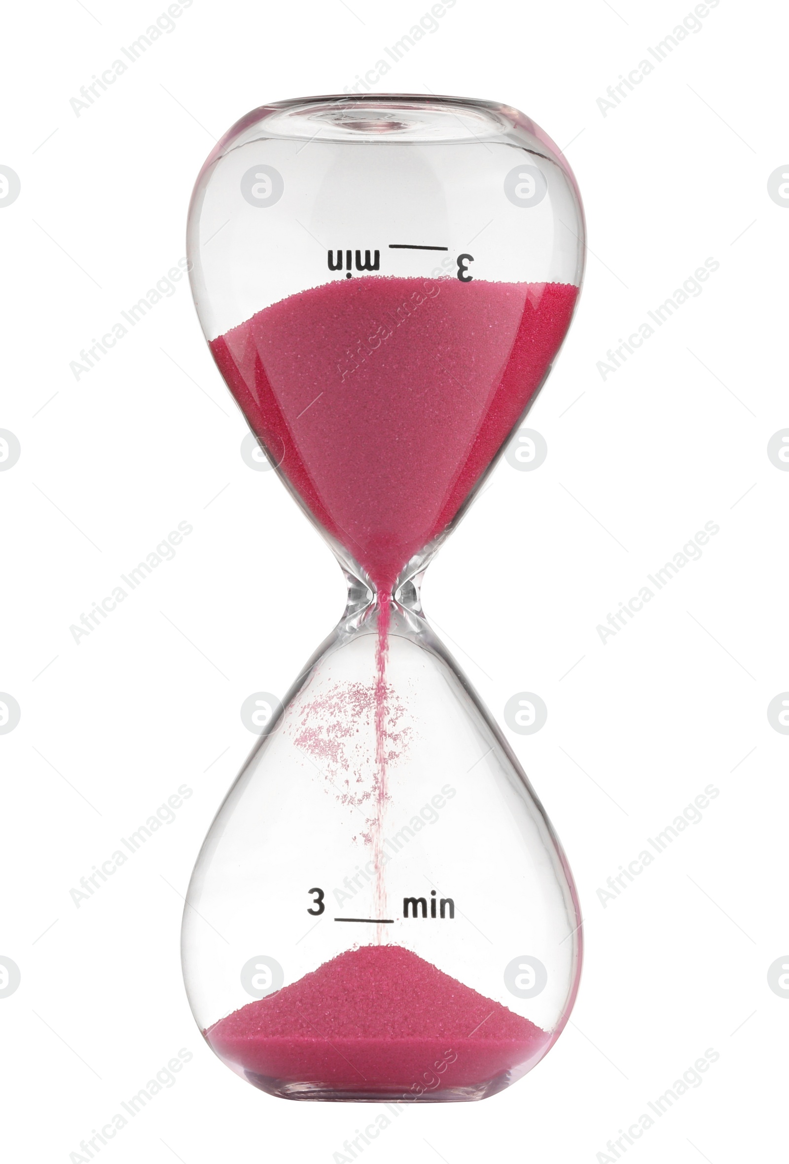 Photo of Hourglass with pink flowing sand isolated on white