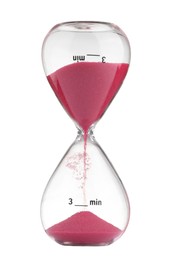 Photo of Hourglass with pink flowing sand isolated on white