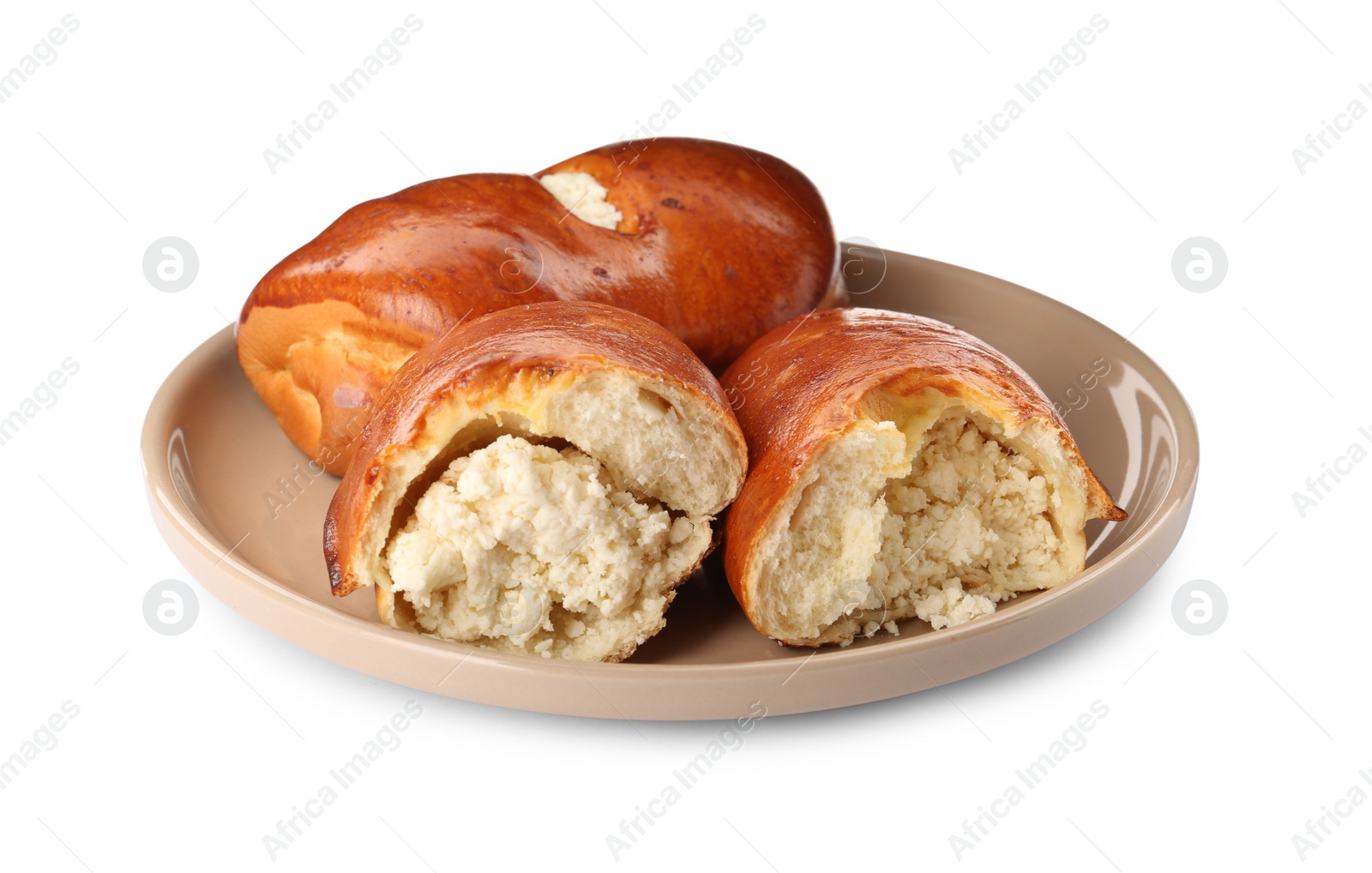 Photo of Delicious baked patties with cottage cheese on white background