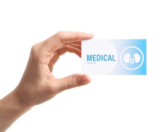 Woman holding medical business card isolated on white, closeup. Nephrology service