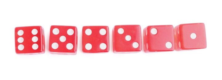 Many red game dices isolated on white, top view