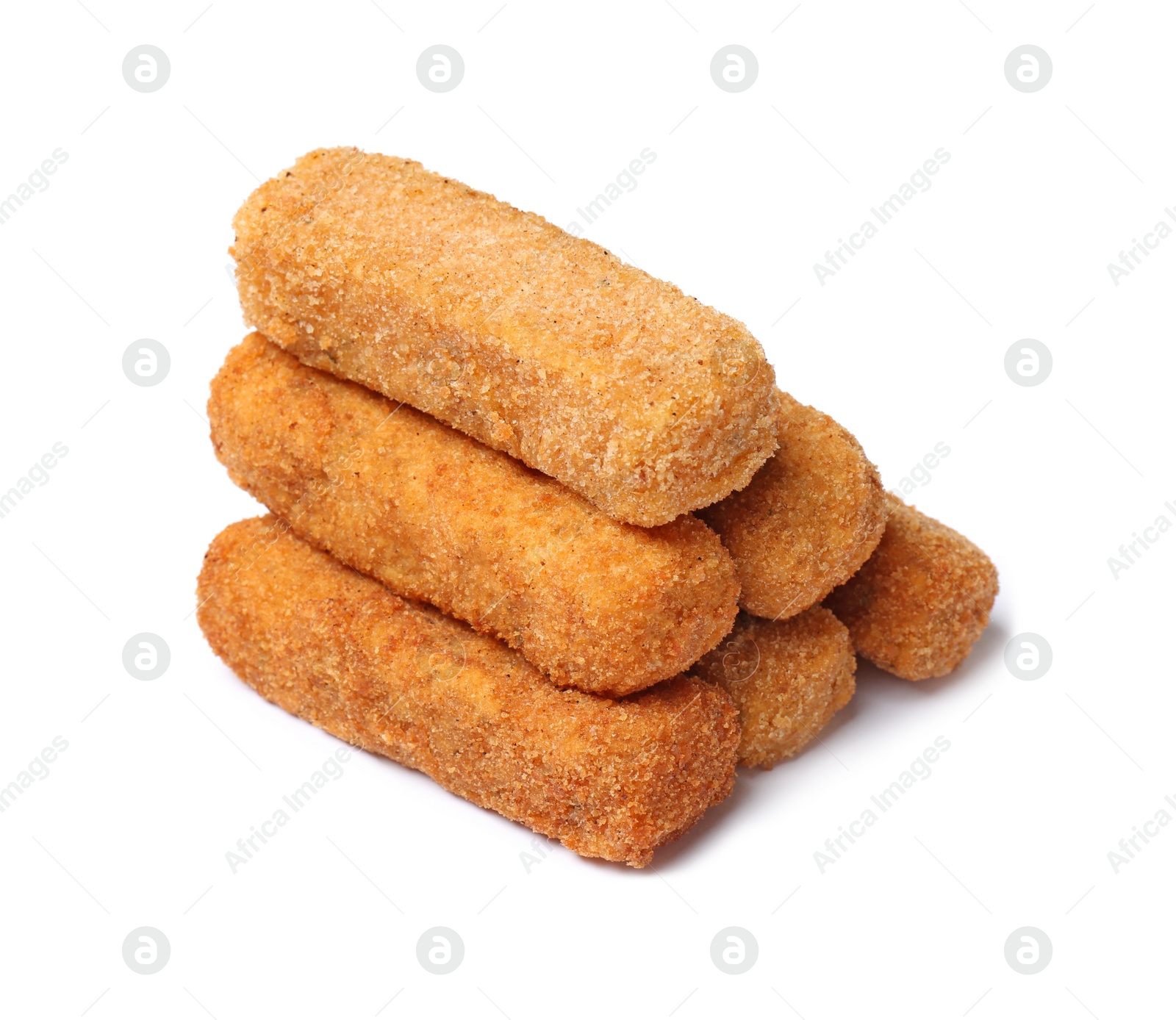 Photo of Pile of tasty cheese sticks isolated on white