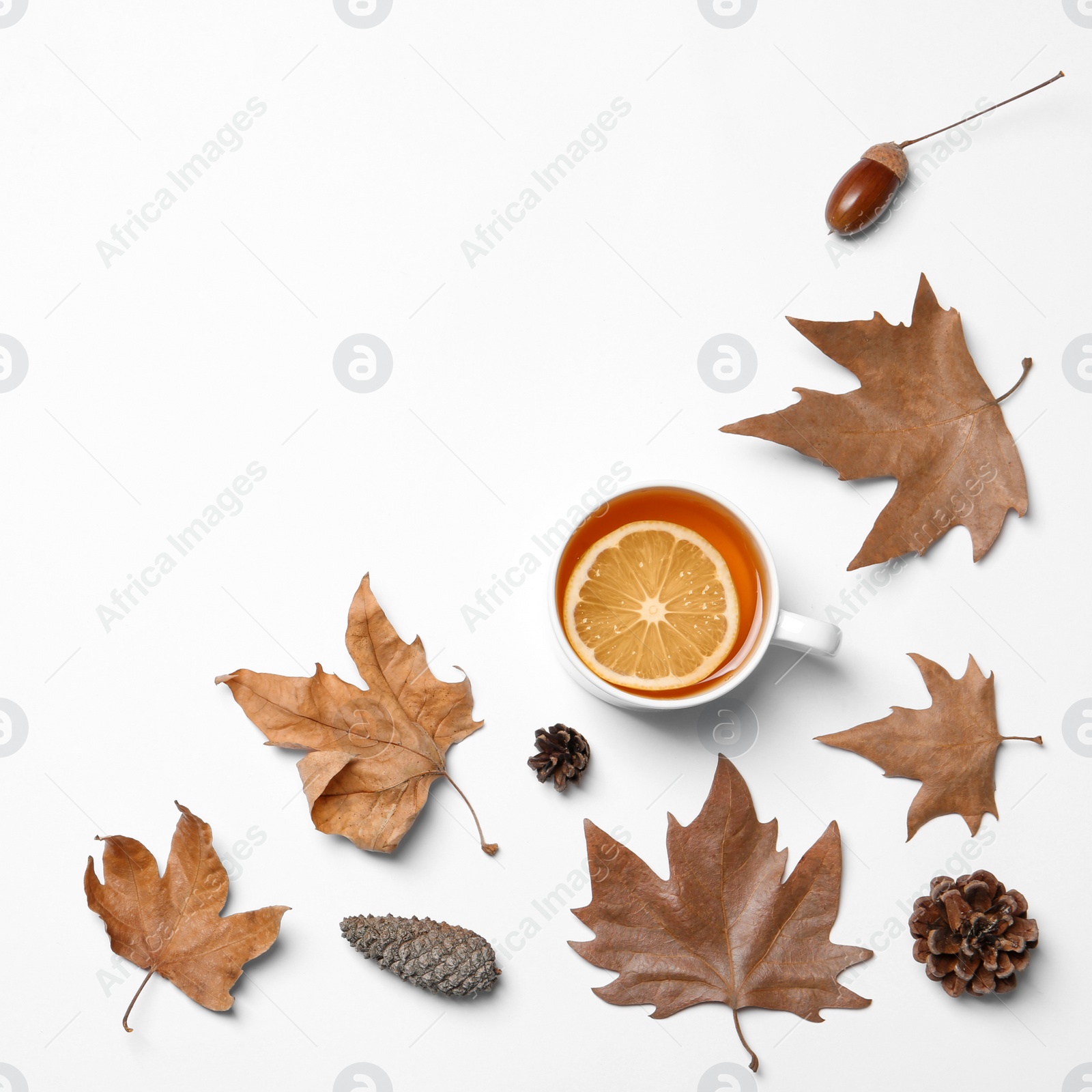 Photo of Flat lay composition with hot cozy drink and autumn leaves on white background. Space for text