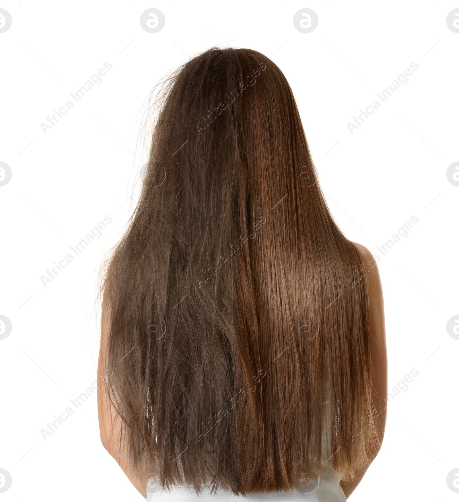 Image of Woman before and after hair coloring on white background 