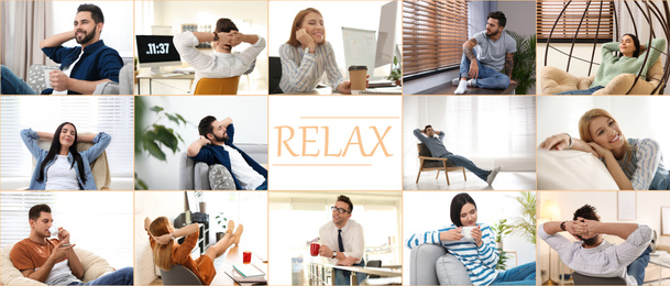 Image of Collage of different people resting indoors and word Relax. Banner design