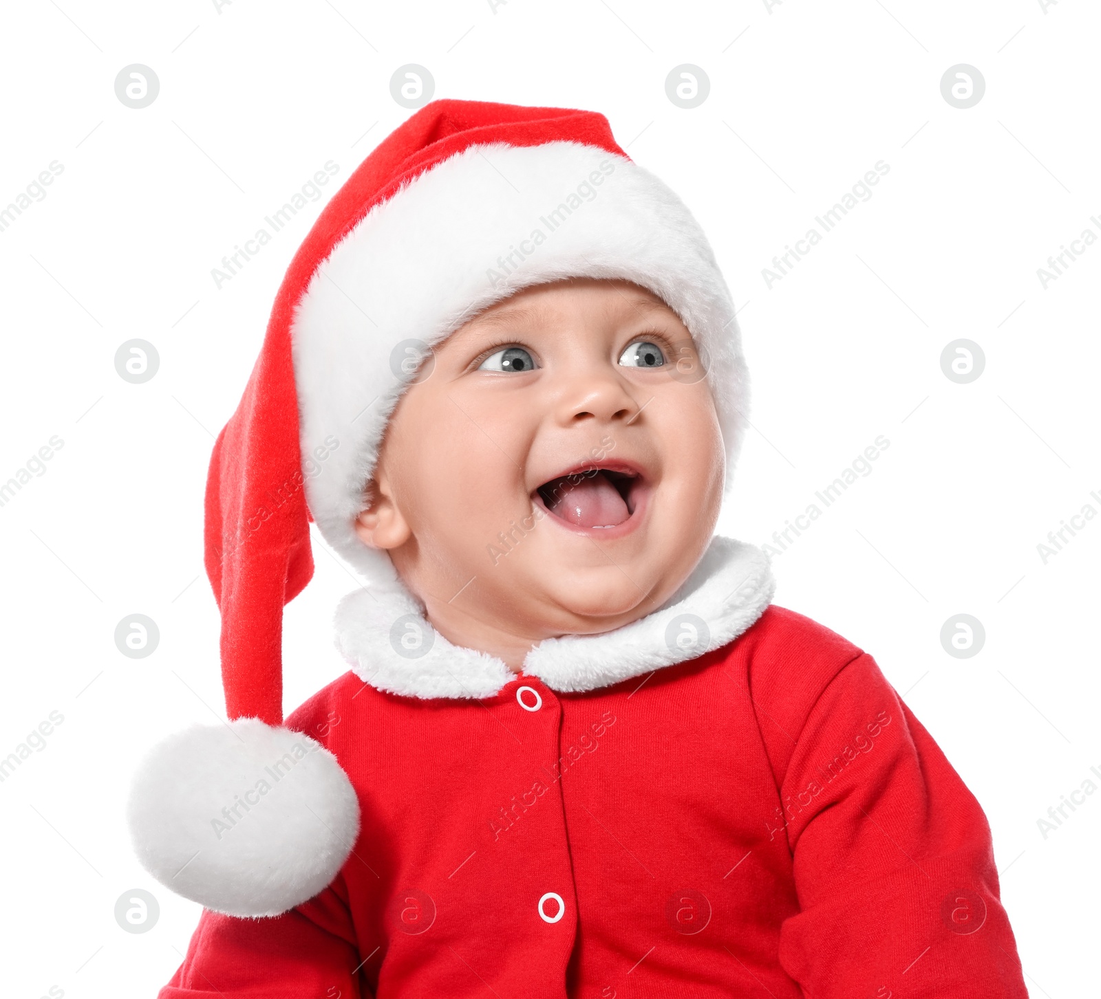 Photo of Cute baby in Christmas costume on white background