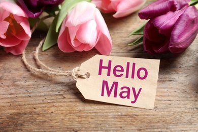 Image of Beautiful spring tulips and label with text Hello May on wooden background