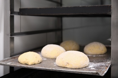 Photo of Rack with unbaked pastries in workshop, closeup