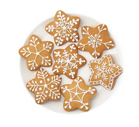 Tasty star shaped Christmas cookies with icing isolated on white, top view