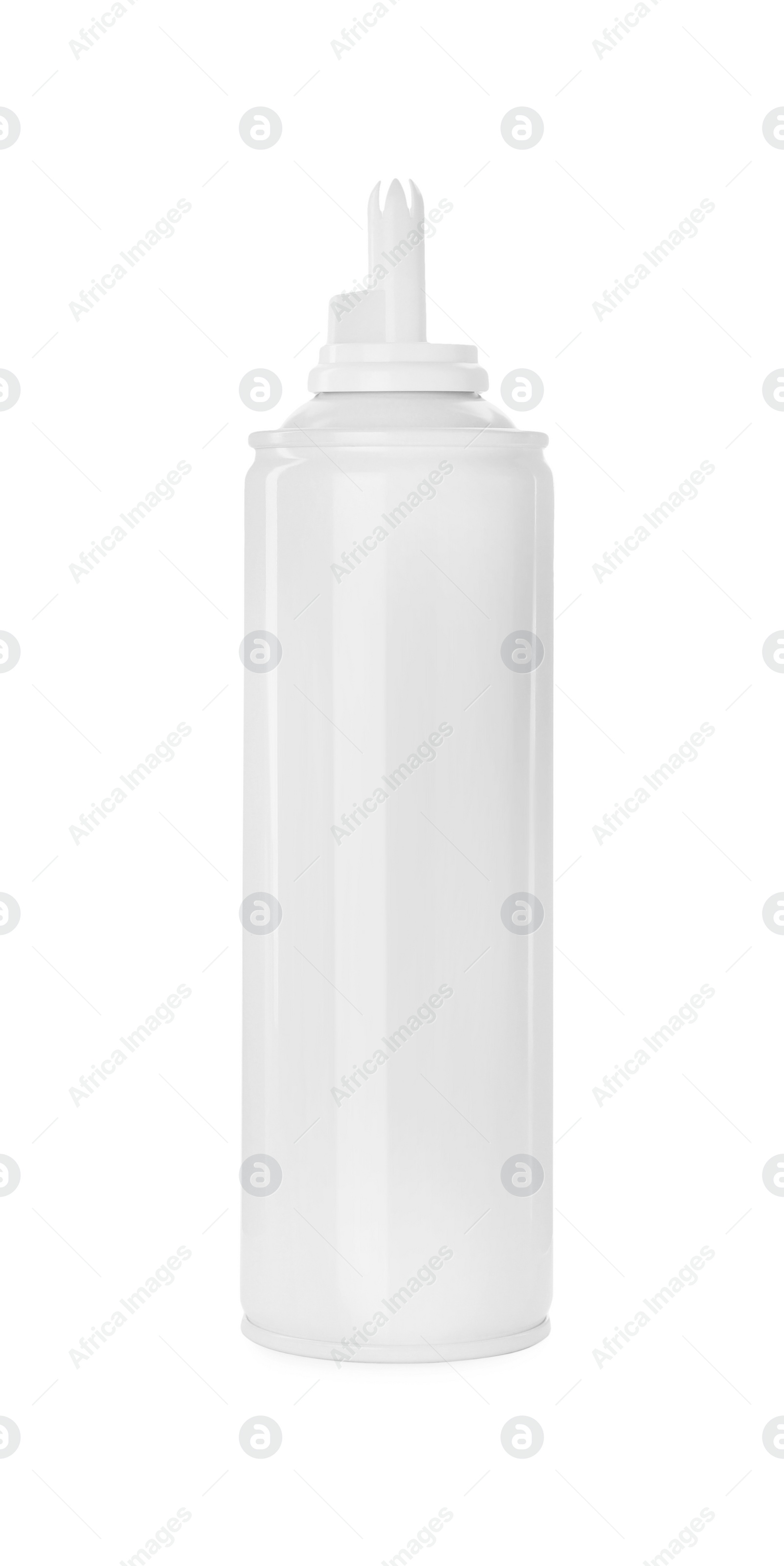 Photo of Bottle of delicious whipped cream isolated on white