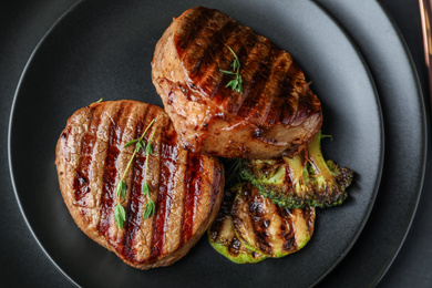 Top view of delicious grilled beef medallions