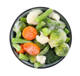 Photo of Mix of different frozen vegetables in bowl isolated on white, top view