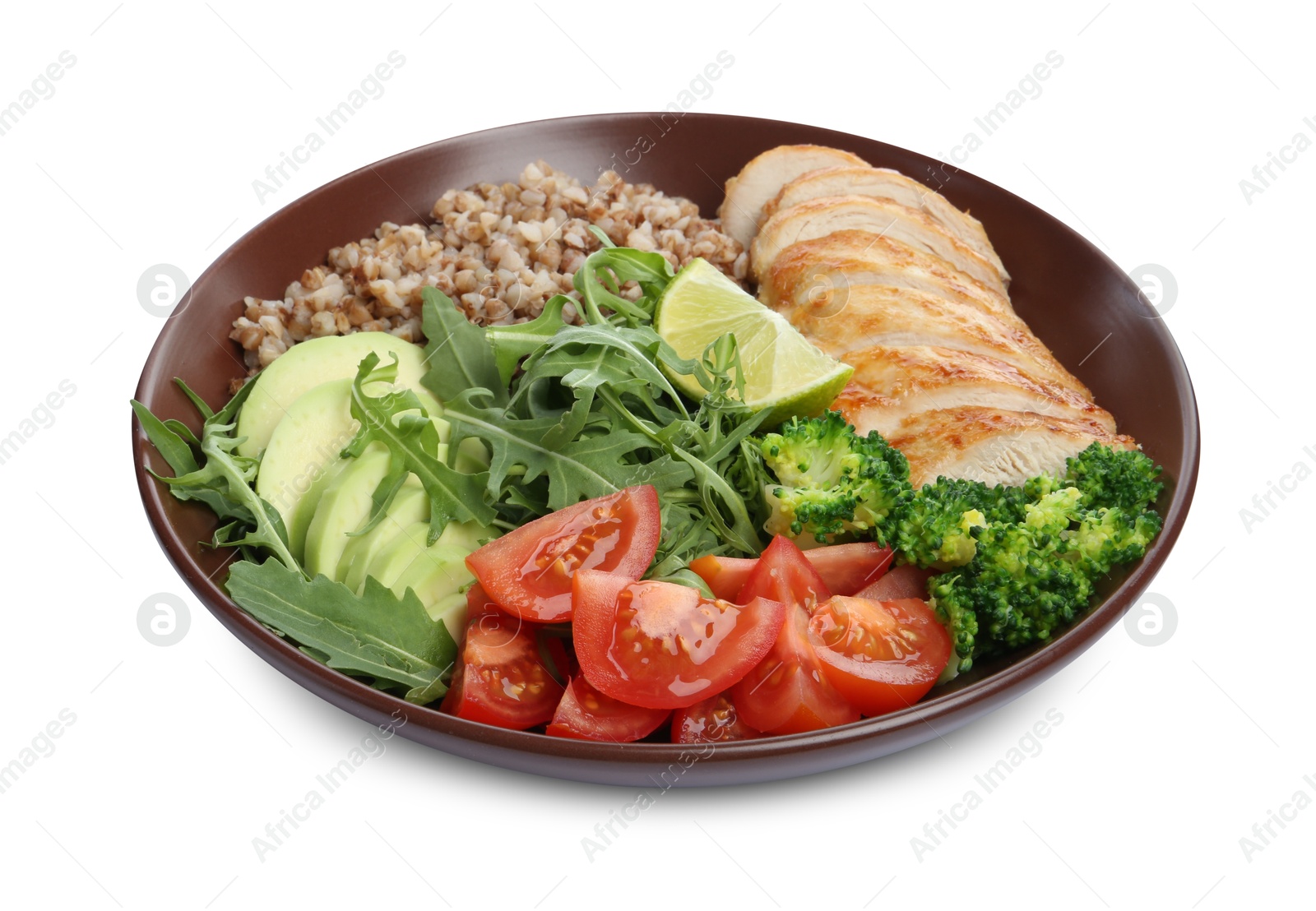 Photo of Healthy meal. Tasty vegetables, buckwheat and chicken breast in bowl isolated on white