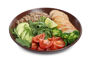 Healthy meal. Tasty vegetables, buckwheat and chicken breast in bowl isolated on white