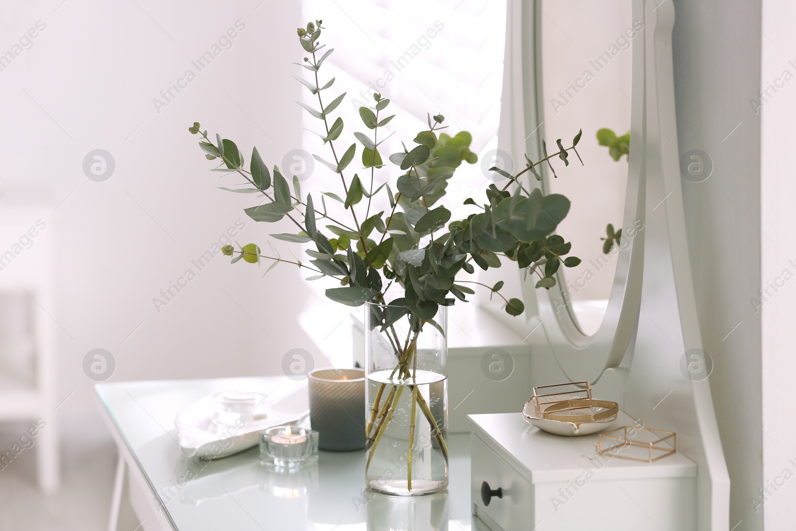 Photo of Beautiful eucalyptus branches on dressing table in room. Interior design