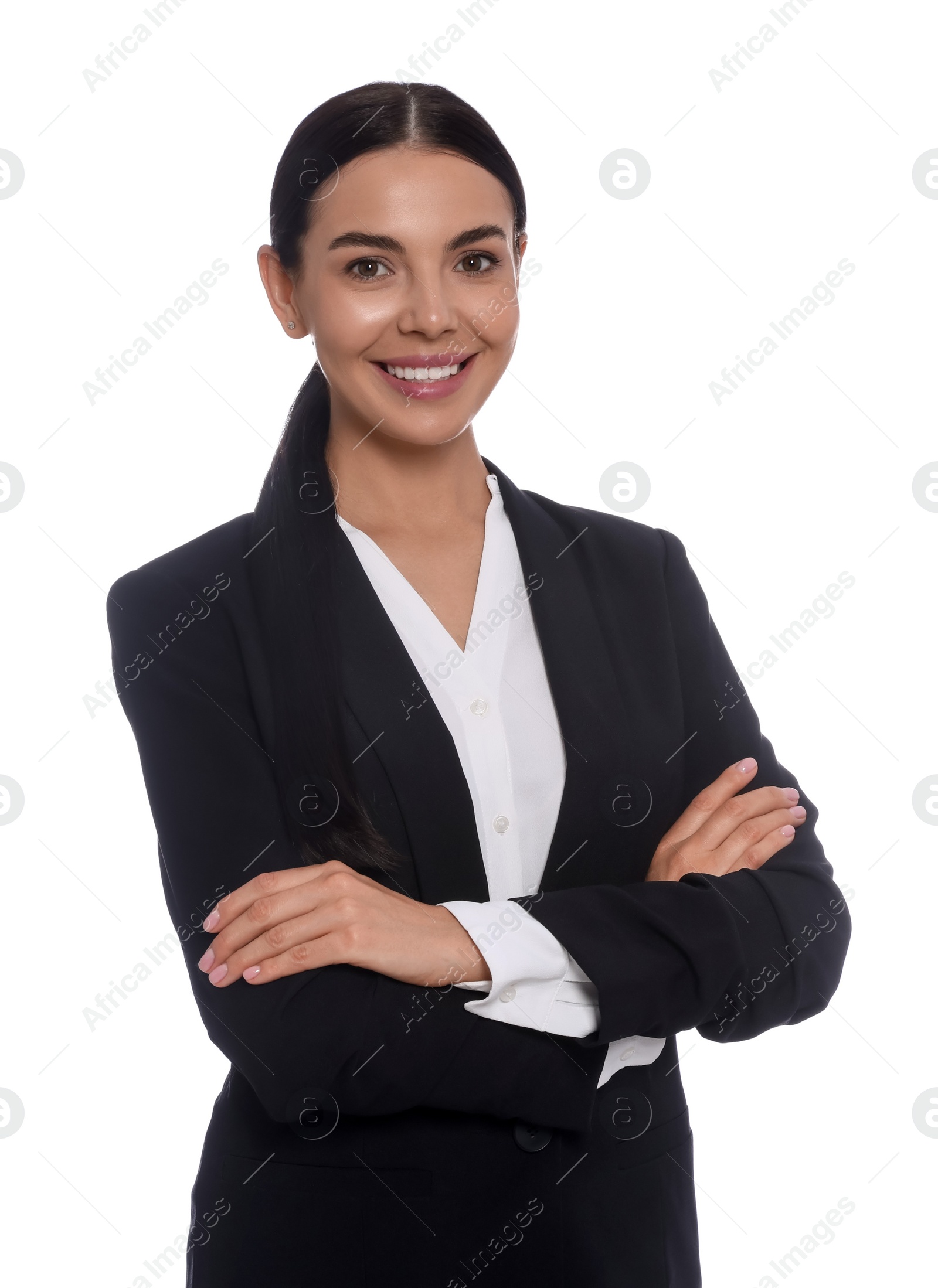 Photo of Portrait of hostess in uniform on white background