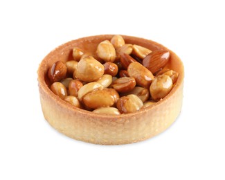 Photo of Tartlet with caramelized nuts isolated on white. Tasty dessert