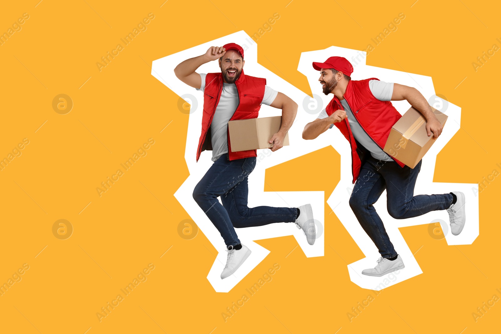 Image of Happy courier with parcels running on orange background, space for text. Creative collage