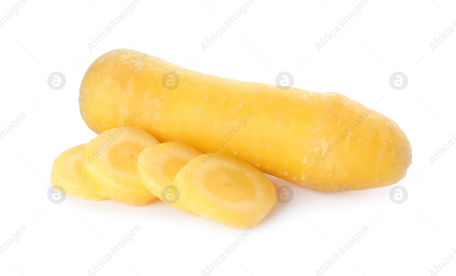 Photo of Cut and whole yellow carrots isolated on white