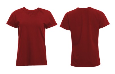 Image of Front and back views of red women's t-shirt on white background. Mockup for design