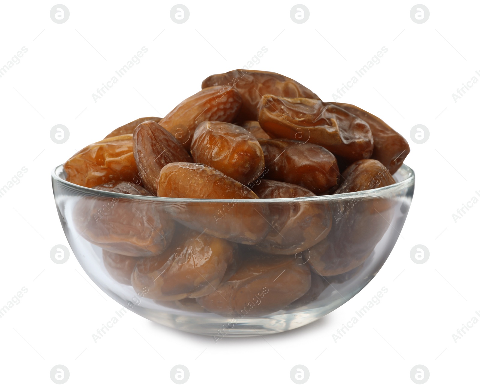 Photo of Bowl with sweet dates on white background. Dried fruit as healthy snack