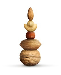 Image of Stack of different nuts on white background