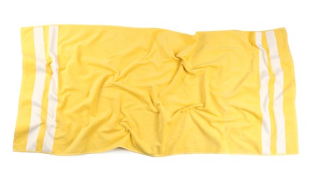 Photo of Crumpled yellow beach towel on white background, top view