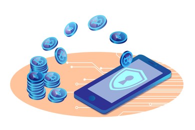 Security of cryptocurrency. Different coins flying into mobile phone on color background, illustration