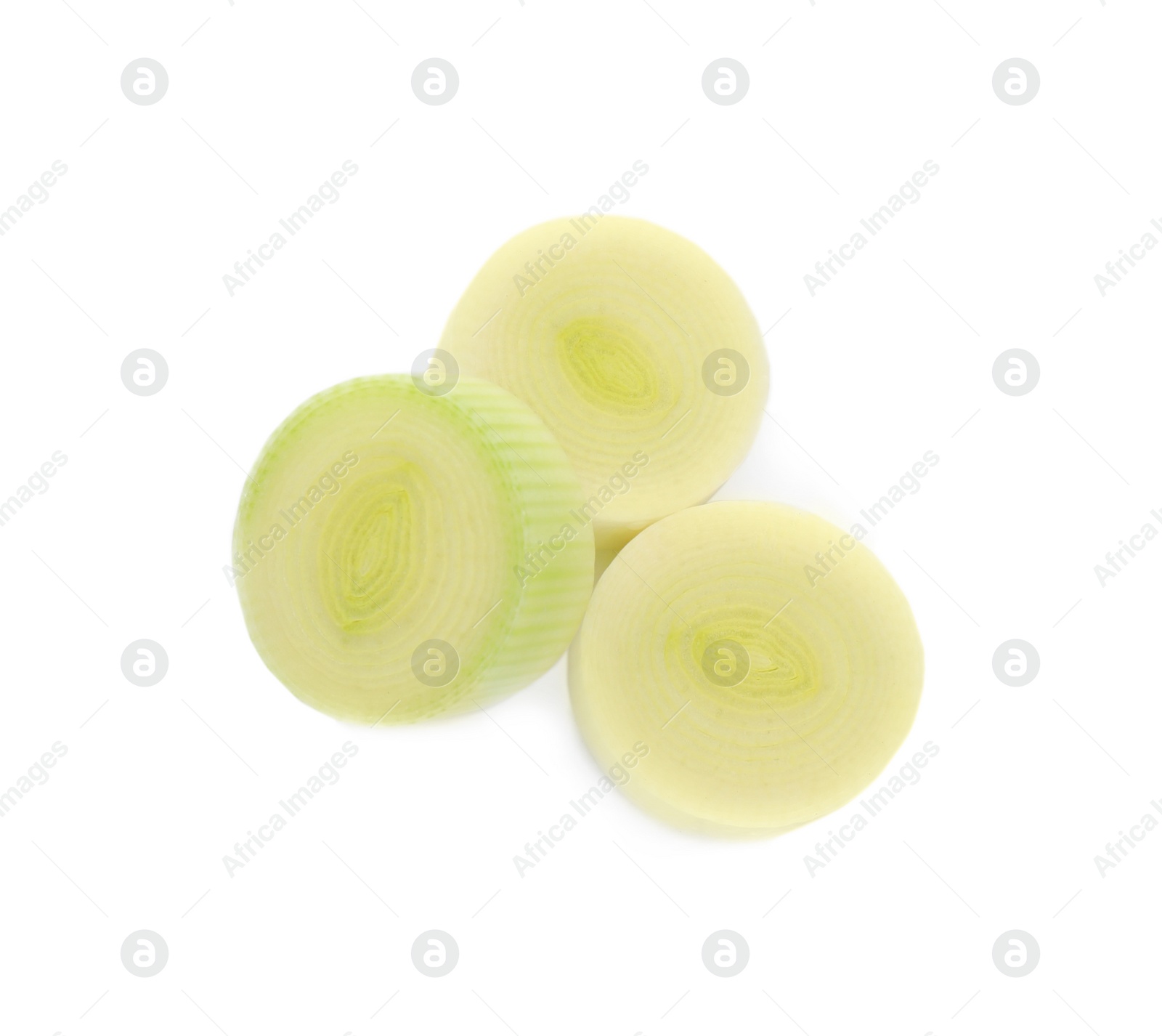Photo of Fresh raw leek slices on white background, above view