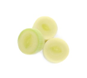 Photo of Fresh raw leek slices on white background, above view