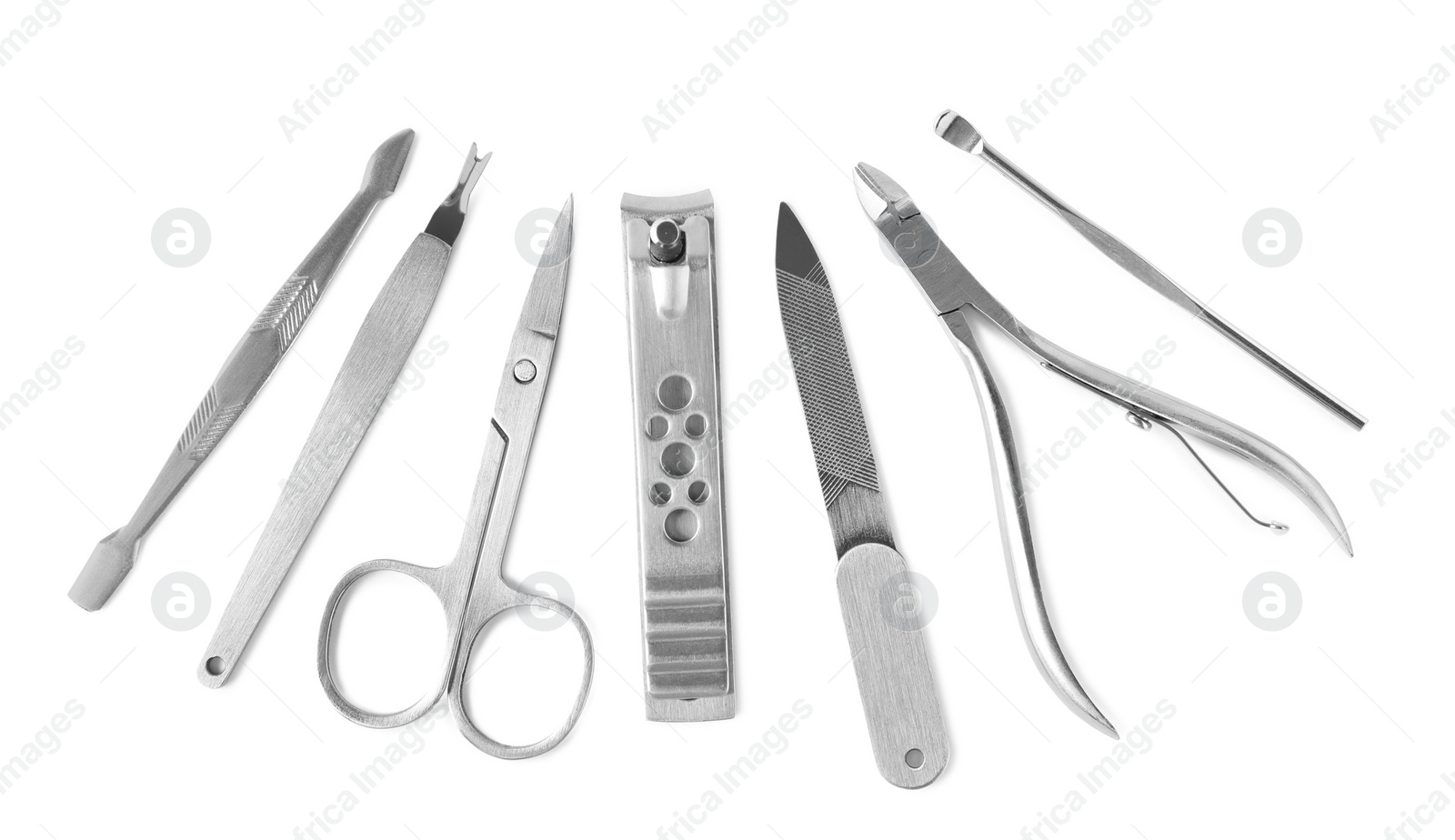 Photo of Manicure set on white background, top view