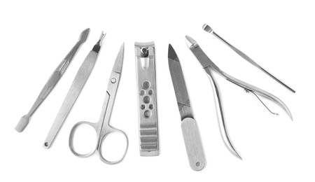 Photo of Manicure set on white background, top view