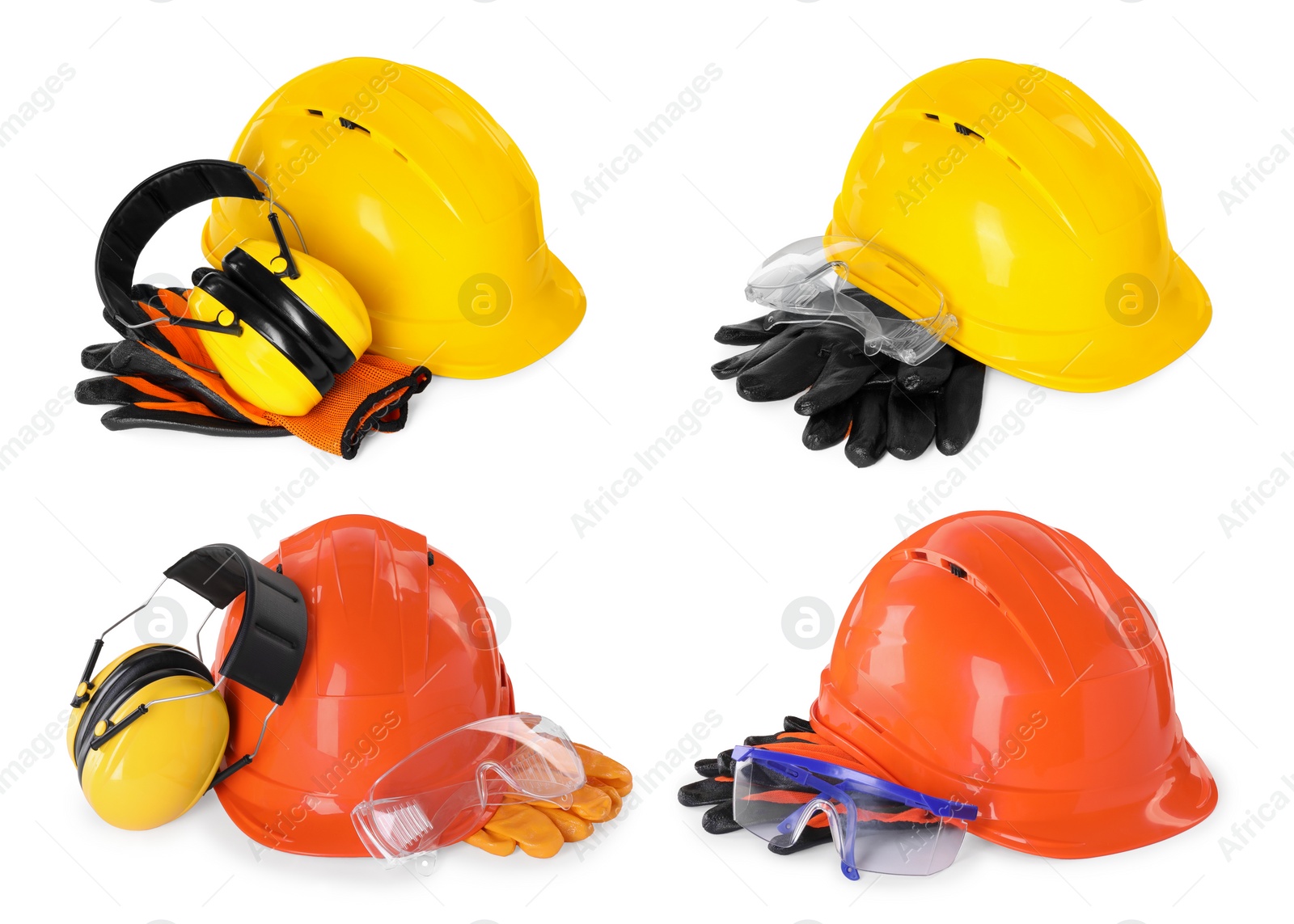 Image of Safety equipment, collection. Hard hats, gloves, protective headphones and goggles isolated on white