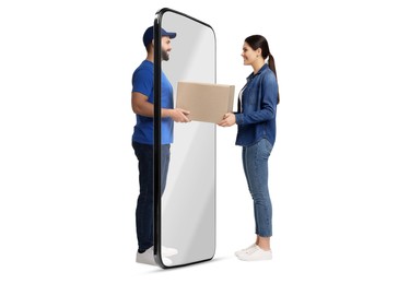 Courier delivering parcel to woman through huge smartphone on white background