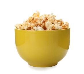 Photo of Bowl with delicious fresh popcorn on white background