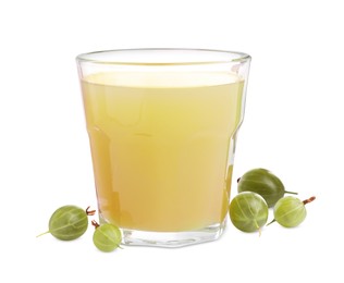 Photo of Tasty gooseberry juice in glass and fresh berries isolated on white