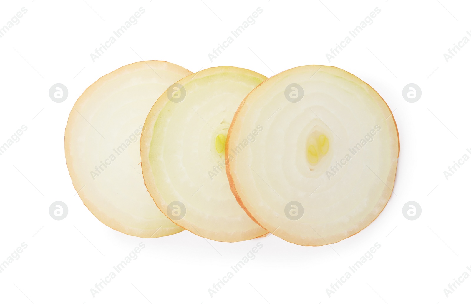 Photo of Slices of raw yellow onion on white background, top view