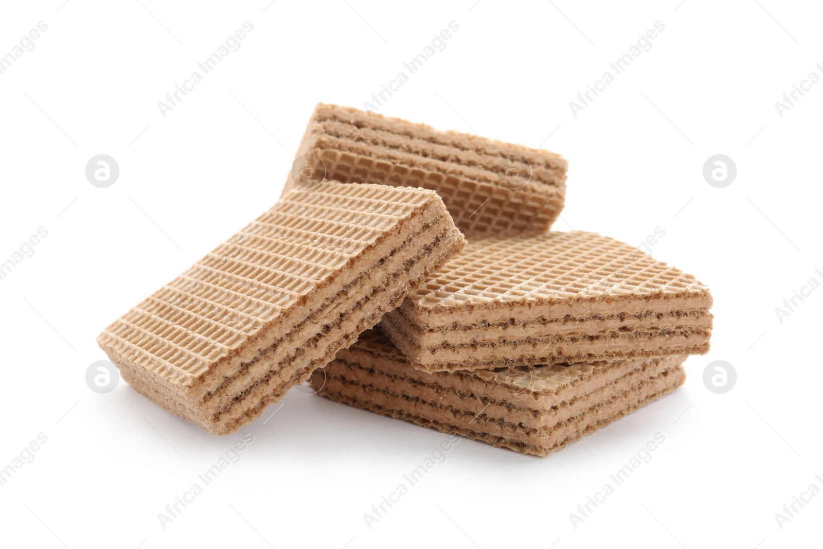 Photo of Delicious crispy wafers on white background. Sweet food