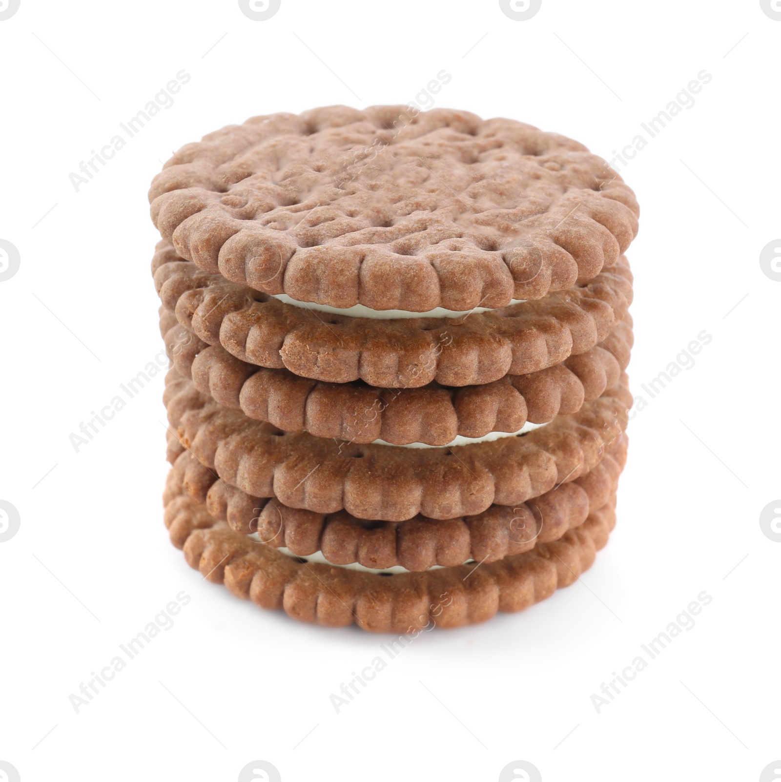 Photo of Stack of tasty chocolate sandwich cookies on white background