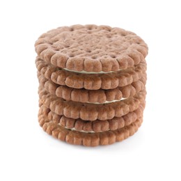 Photo of Stack of tasty chocolate sandwich cookies on white background