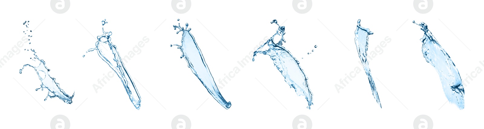 Image of Set with clear water splashes on white background. Banner design