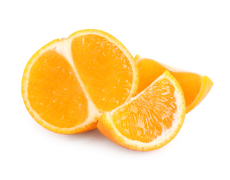 Photo of Cut fresh juicy tangerines isolated on white