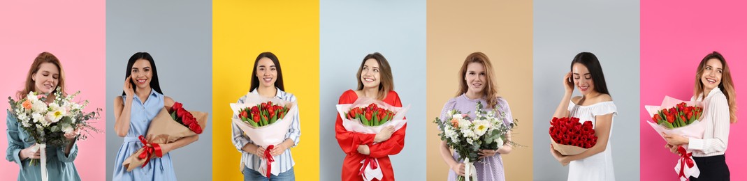 8 March - Happy Women's Day. Charming ladies with beautiful flowers on different colors backgrounds, collage