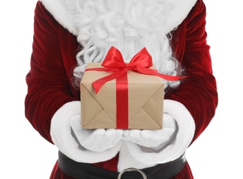 Photo of Santa Claus holding Christmas gift  on white background, closeup