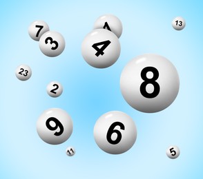 Illustration of Many lottery balls falling on light blue gradient background