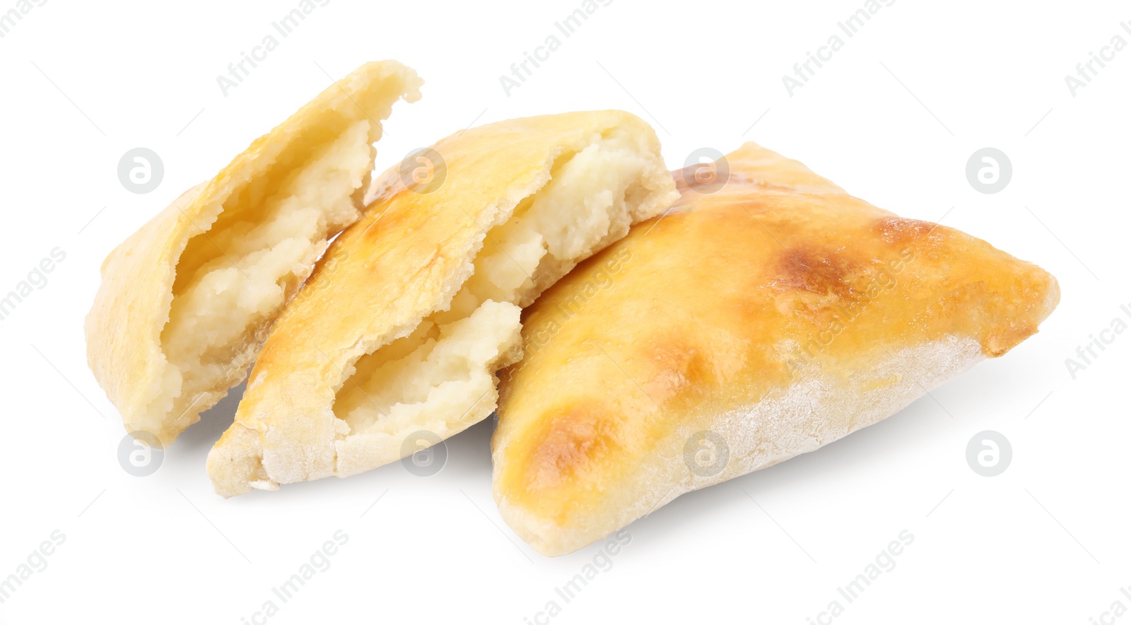 Photo of Delicious samosas isolated on white. Homemade pastry