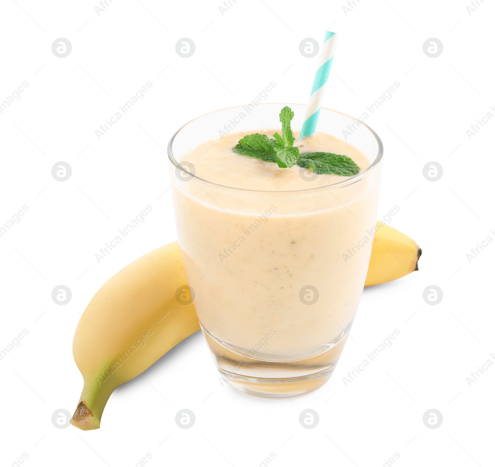 Photo of Glass with smoothie and banana on white background