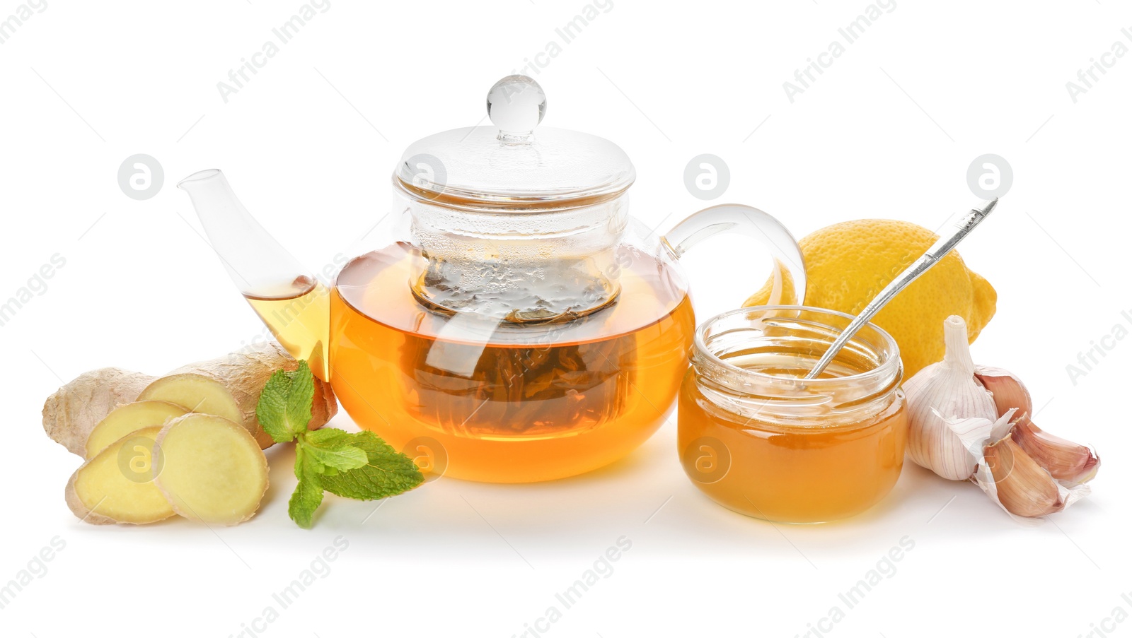 Photo of Tea and other cold remedies on white background