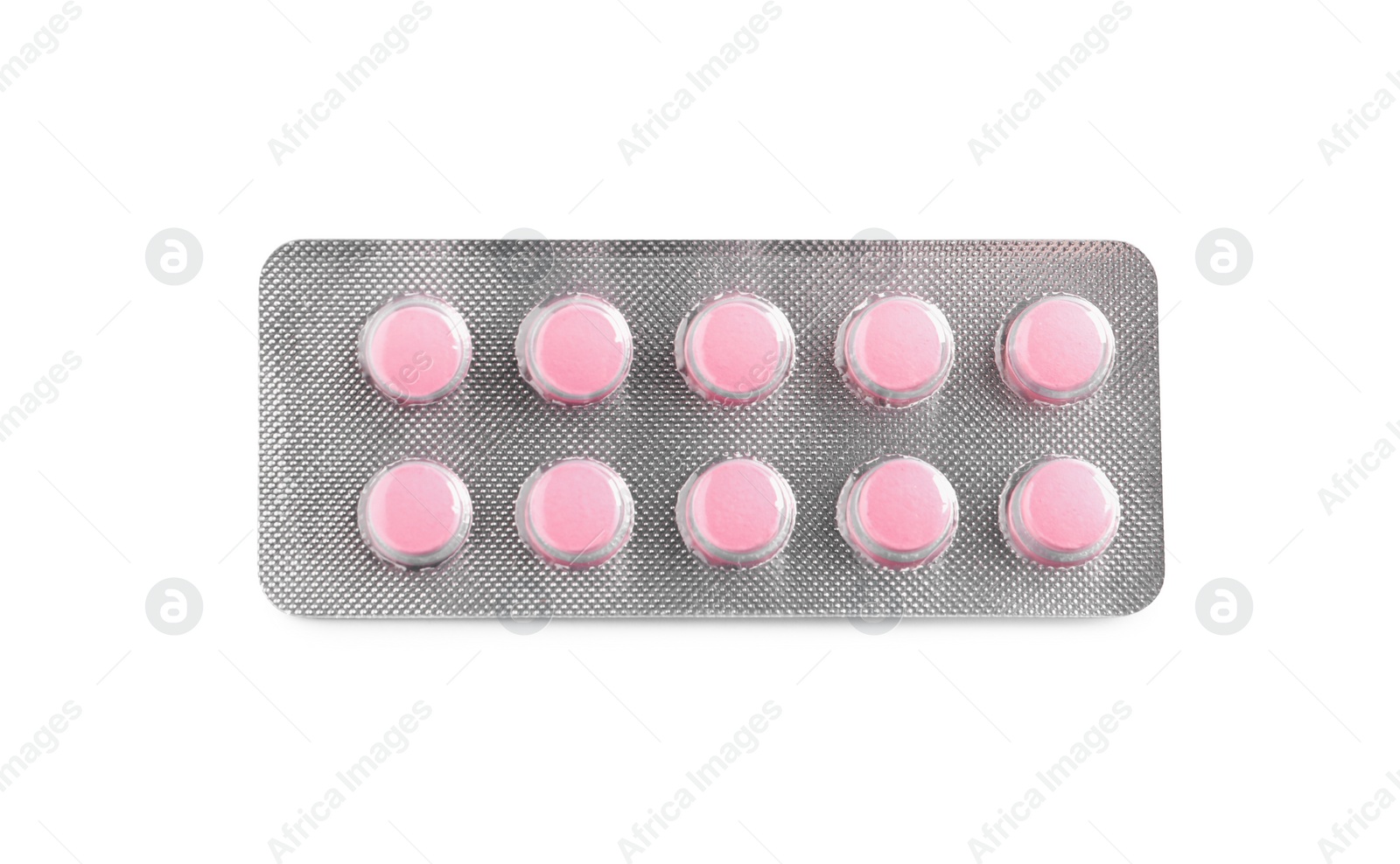 Photo of Blister of pills on white background, top view